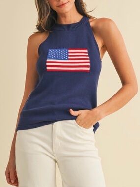 Sleeveless Navy Halter Tank with Flag Motif - Women